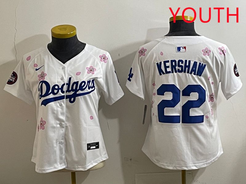 Youth Los Angeles Dodgers #22 Kershaw White Sakura Edition 2025 Nike MLB Jersey style 1->youth mlb jersey->Youth Jersey